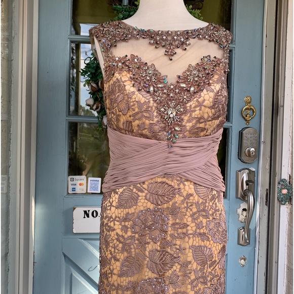 NWOT GLS Apparel Large Beaded Mocha Lace Nude Lined Mermaid Gown Cap Sleeves - Picture 10 of 15